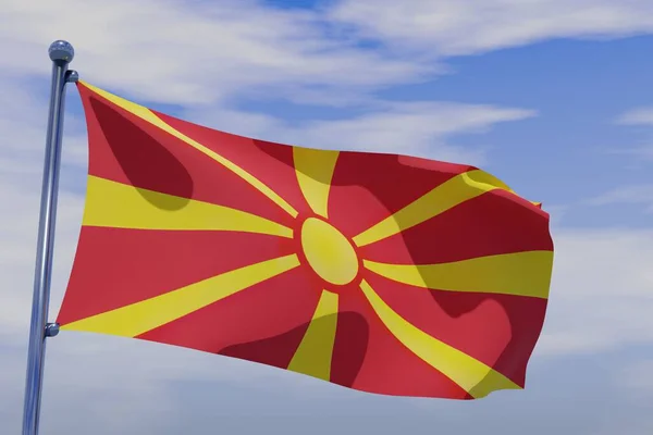 Illustration Waving Flag Macedonia Chrome Flag Pole Blue Sky Background — Stock Photo, Image