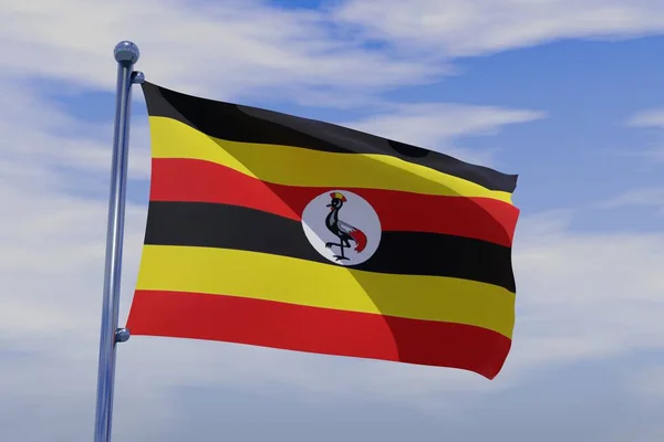 Тривимірне Відображення Прапора Уганди Махає Вітром Проти Блакитного Неба — стокове фото