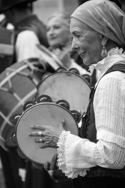 Geleneksel Galiçyalı Kadının Müzik Aleti Çalarkenki Monokrom Çekimi — Stok fotoğraf