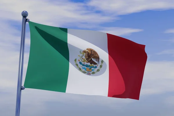 Illustration Waving Flag Mexico Chrome Flag Pole Blue Sky Background — Stock Photo, Image