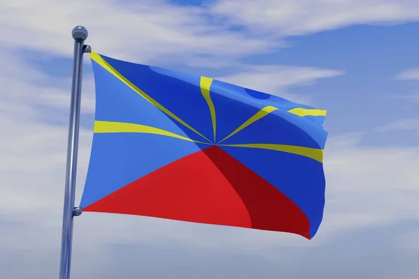 Ilustracja Machającej Flagi Reunion Chromowanym Masztem Flagi Błękitnym Tle Nieba — Zdjęcie stockowe