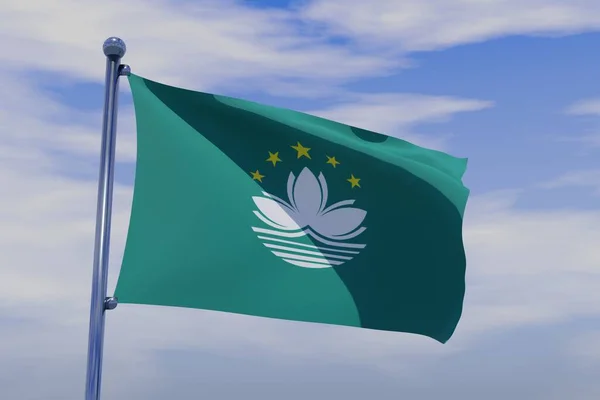 Illustration Viftande Flagga Macao Med Krom Flaggstång Blå Himmel Bakgrund — Stockfoto