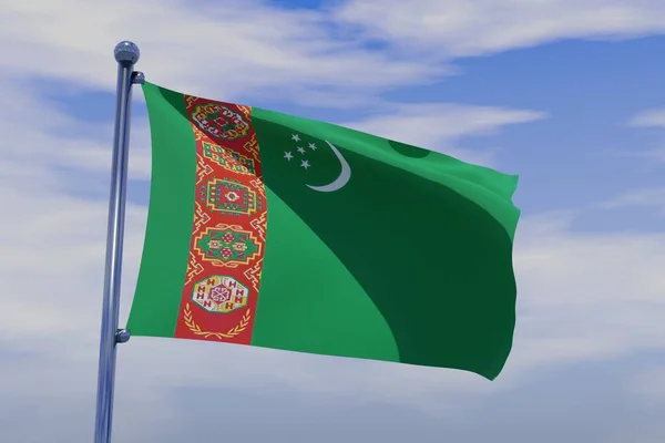 Eine Darstellung Der Flagge Turkmenistans Mit Dem Fahnenmast Blauen Himmel — Stockfoto