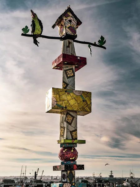 Beautiful Decorated Birdhouse Post Street Cloudy Sky San Diego — Stock Photo, Image