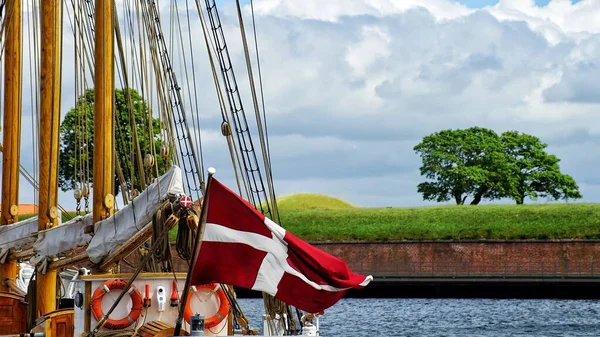 Üzerinde Danimarka Bayrağı Olan Bir Teknenin Tek Bir Ağacı Olan — Stok fotoğraf