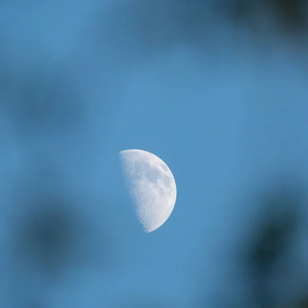 在蓝色模糊的天空背景下拍出的半个月亮的惊人照片 — 图库照片