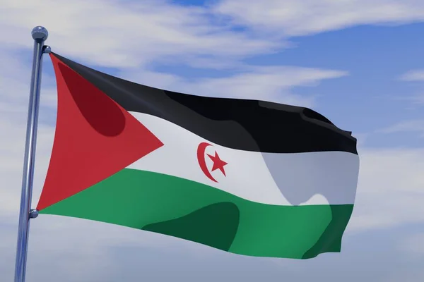 A 3D rendering of the waving flag of Western Sahara on a pole against the cloudy sky