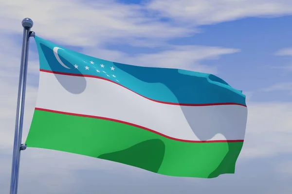 Rendering Uzbekistan Flag Waving Wind Blue Sky — Stock Photo, Image