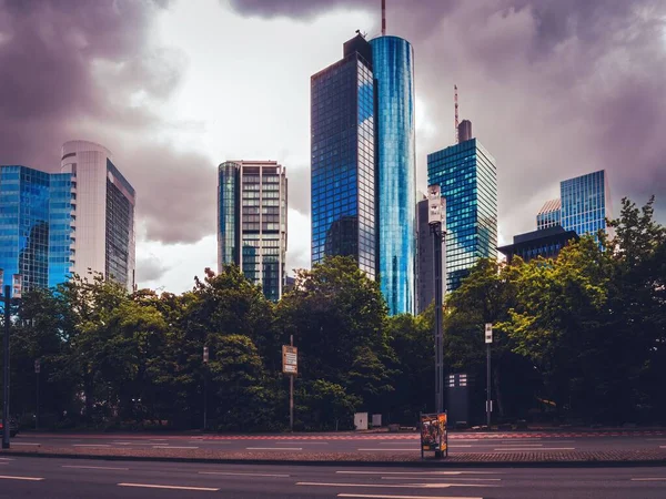 Frankfurt Germany May 2022 Downtown Skyscrapers Financial District Cloudy Day — Stock Photo, Image