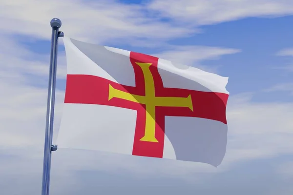 Ilustracja Machającej Flagi Guernsey Chromowanym Masztem Flagi Błękitnym Tle Nieba — Zdjęcie stockowe