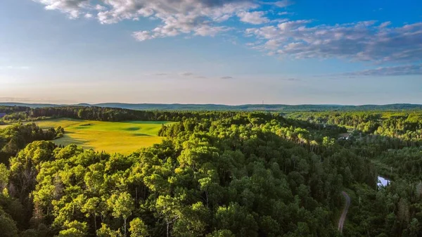 Vysokoúhlé Záběry Krajiny Obdělávanou Zemí Obklopenou Lesy Pod Jasnou Oblohou — Stock fotografie