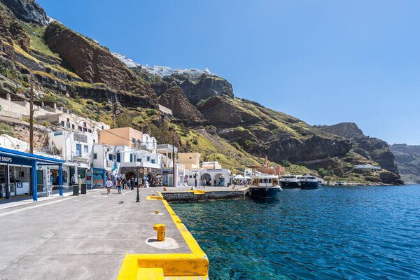 Fira, Santorini, Greece, Apr. 2022 - The picturesque port of Fira, the main town of Santorini Island