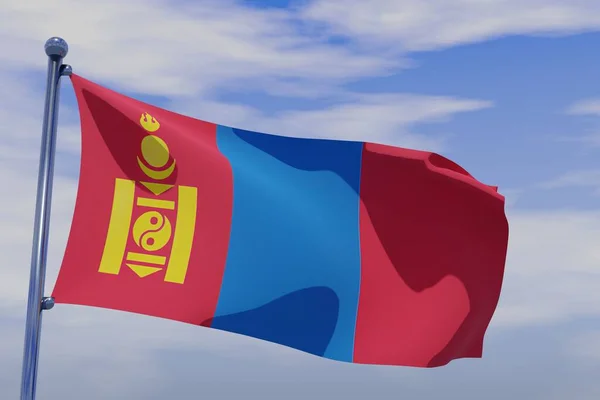 Illustrazione Sventolare Bandiera Della Mongolia Con Palo Bandiera Cromata Sfondo — Foto Stock