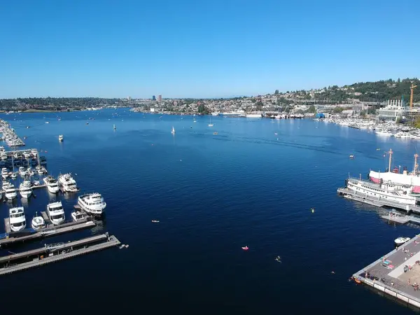 Colpo Aereo Del Lago Union Washington Con Barche Paesaggio Urbano — Foto Stock