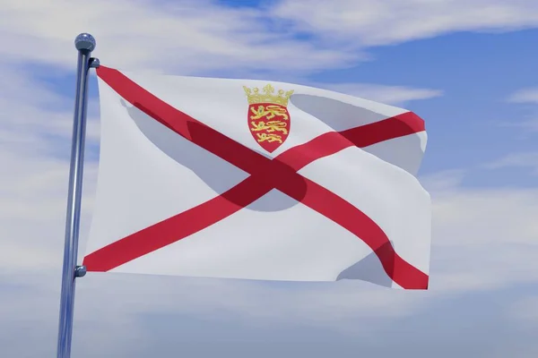 青空の背景にクロームの旗竿でジャージーの旗を振る3Dイラスト — ストック写真