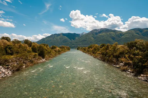 Malebný Pohled Řeku Tekoucí Lese Horami Pozadí Švýcarsku — Stock fotografie