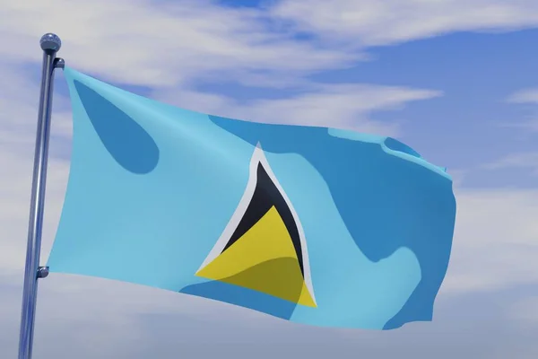 Illustration Viftande Flagga Saint Lucia Med Krom Flaggstång Blå Himmel — Stockfoto