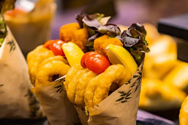 Ring Squid Batter Vegetables Paper Cartridge Boqueria Market Barcelona Spain — Stock Photo, Image