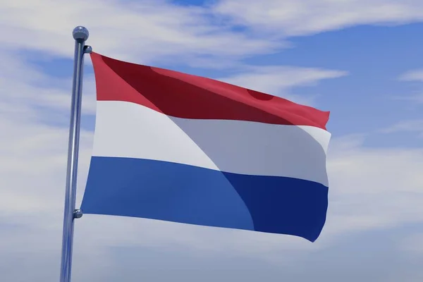 Ilustrace Vlnící Vlajky Nizozemska Chromovanou Vlajkovou Tyčí Pozadí Modré Oblohy — Stock fotografie