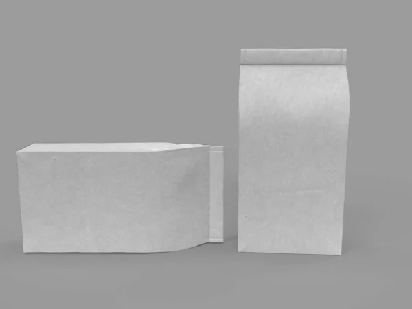 两个白色咖啡袋在固体背景上的3D渲染说明 — 图库照片