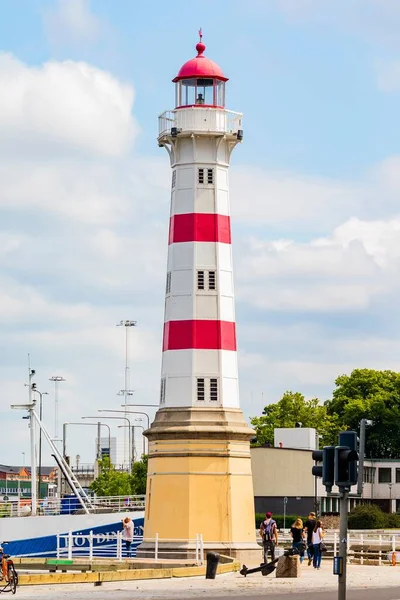 Vertical Shot Red White Lighthouse Harbour Malmo Sweden — Stock Photo, Image