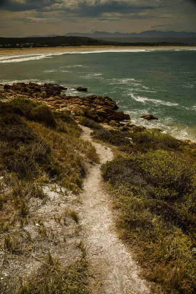 Güney Afrika Kasvetli Bir Günde Kayalık Bir Sahilin Dikey Çekimi — Stok fotoğraf