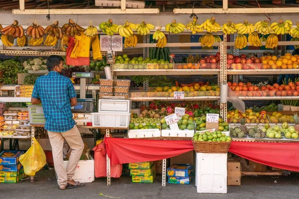 Fruits Stall Keeper Verificando Frutas Vibrantes Exposição Pequena Índia Singapura — Fotografia de Stock