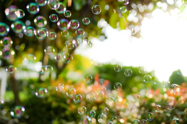 Bolhas Sabão Flutuantes Jardim Fundo Bokeh — Fotografia de Stock