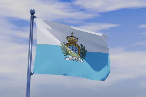 青い空に手を振ってクロームの旗竿を持つサンマリノの3Dレンダリングフラグ — ストック写真