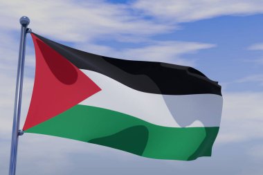 Mavi gökyüzü arka planında krom bir bayrak direği sallayan Filistin 'in 3 boyutlu bir illüstrasyonu