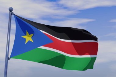 Güney Sudan bayrağının mavi gökyüzünde bayrak direğiyle 3D görüntüsü.