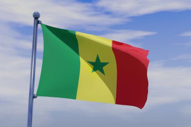 Mavi gökyüzünde sallanan krom bir bayrak direğiyle Senegal 'in 3 boyutlu bir bayrağı.