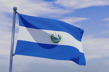 Mavi gökyüzünde bayrak direği sallayan El Salvador bayrağının 3D görüntüsü.