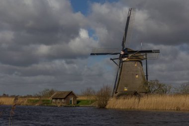 Hollanda 'daki bir nehrin kıyısındaki Kinderdijk yel değirmenlerinin alçak açılı görüntüsü.