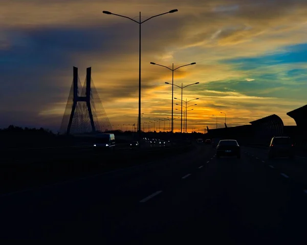 Tráfego Pesado Ponte Redzinski Pôr Sol Wroclaw Polônia — Fotografia de Stock