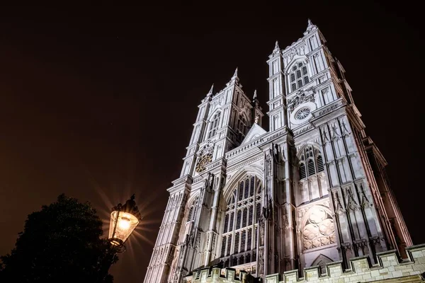 Angle Bas Façade Abbaye Westminster Londres Illuminé Nuit — Photo