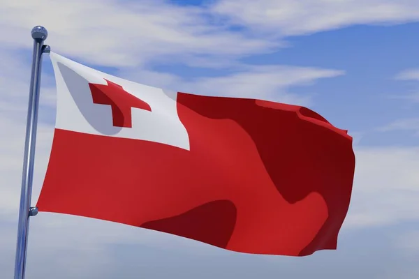 Mavi Gökyüzünde Bayrak Direğiyle Tonga Nın Dalgalanan Bayrağının Boyutlu Görüntüsü — Stok fotoğraf