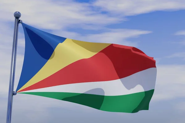 Una Bandera Seychelles Con Asta Bandera Cromo Ondeando Cielo Azul —  Fotos de Stock