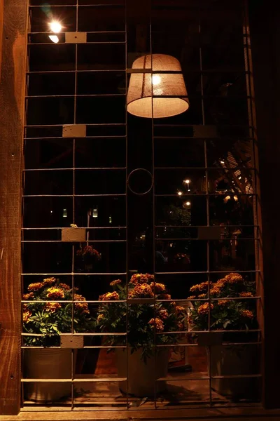 夜のバルコニーでのランプと花の垂直ショット — ストック写真