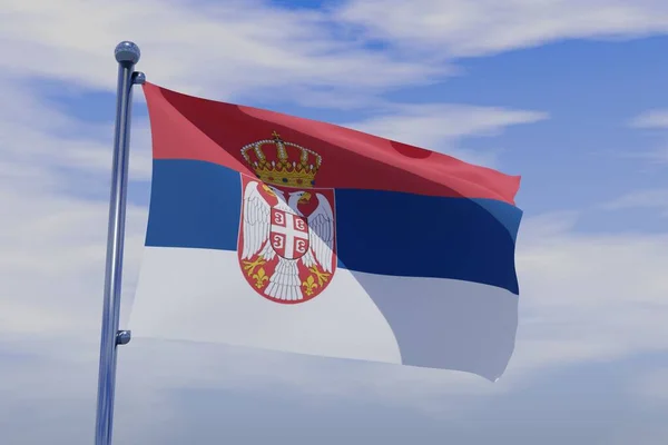 Ilustración Bandera Serbia Ondeada Con Asta Bandera Cromada Sobre Fondo — Foto de Stock