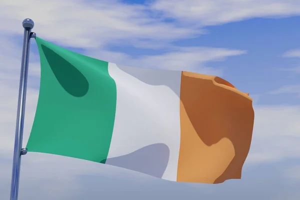 Ilustracja Machającej Flagi Irlandii Chromowanym Masztem Flagi Błękitnym Tle Nieba — Zdjęcie stockowe