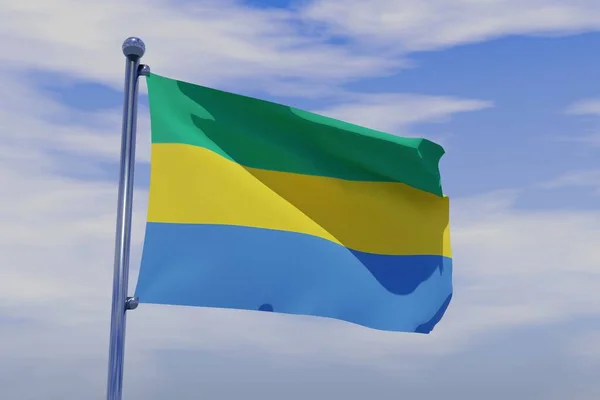 Rendering Waving Flag Gabon Pole Cloudy Sky — Stock Photo, Image