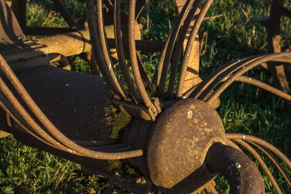 Closeup Old Rusty Plow Green Field — Stock Photo, Image