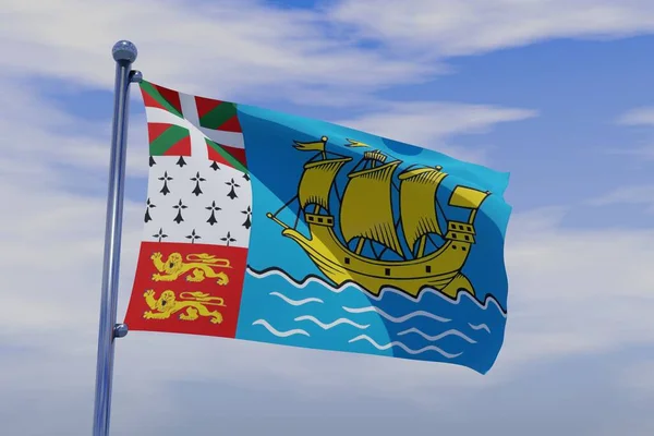 Ilustracja Machającej Flagi Saint Pierre Miquelon Chromowanym Masztem Flagi — Zdjęcie stockowe