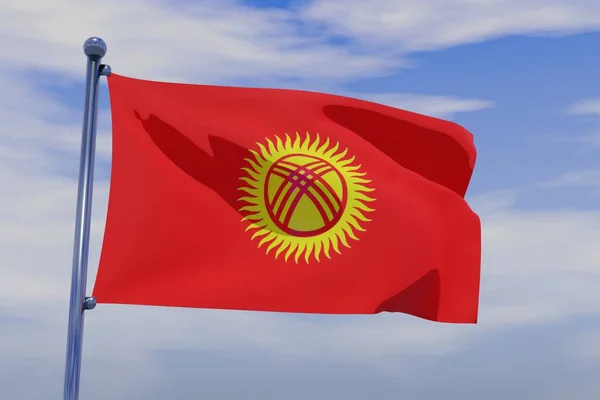 Illustrazione Sventolare Bandiera Del Kirghizistan Con Palo Bandiera Cromata Sfondo — Foto Stock