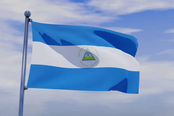 青い空の背景にクロームの旗竿でニカラグアの旗を振る3Dイラスト — ストック写真