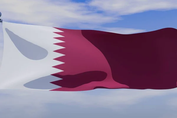 Illustrazione Sventolare Bandiera Del Qatar Con Palo Bandiera Cromata Sfondo — Foto Stock