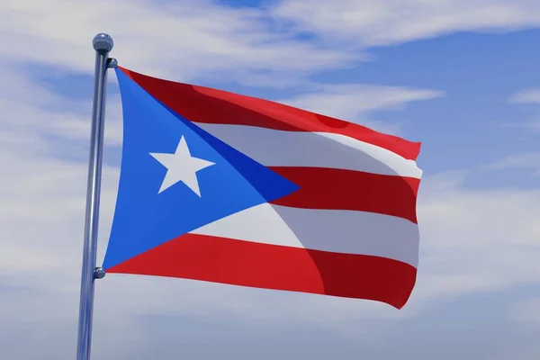 青い空の背景にクロームの旗竿でプエルトリコの旗を振る3Dイラスト — ストック写真