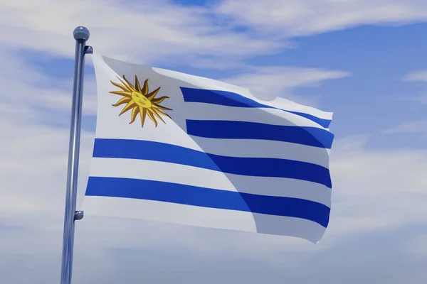 Una Representación Bandera Uruguay Ondeando Viento Contra Cielo Azul — Foto de Stock