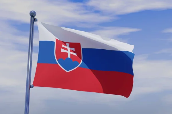 青い空に手を振ってクロームの旗竿を持つスロバキアの3Dレンダリングフラグ — ストック写真
